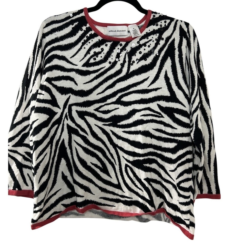 Alfred Dunner Womens‎ Zebra Print Sequin Embellished Sweater Red Trim Medium